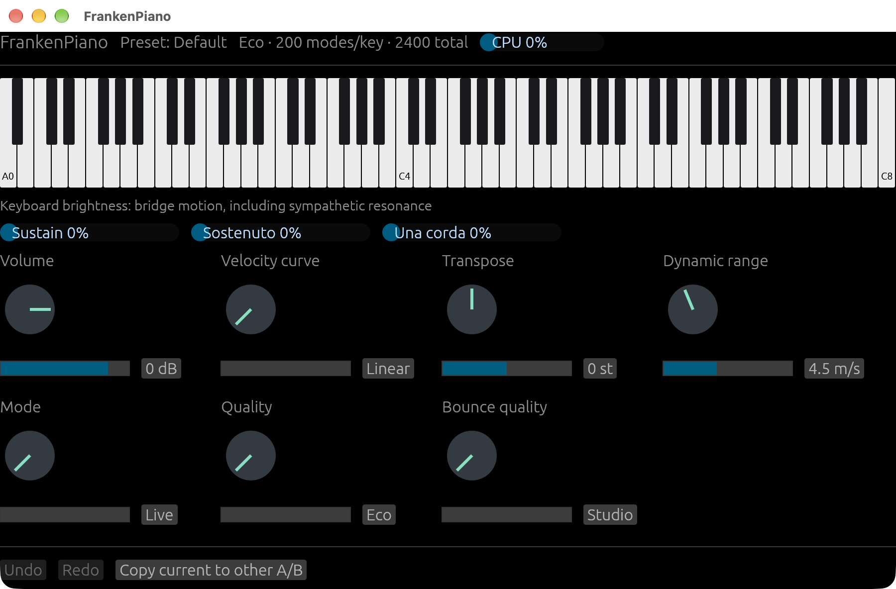 The FrankenPiano editor: an 88-key keyboard display, pedal meters, and knobs for volume, velocity curve, transpose, dynamic range, mode, quality and bounce quality.